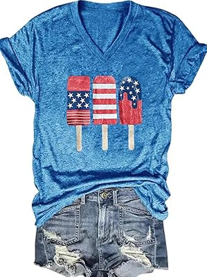 4th of July V Neck Patriotic T-Shirts Women American Flag Print Faith Family Freedom Letter Casual Short Sleeve Tee Tops