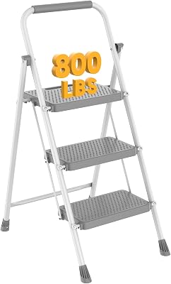 NEWBULIG 3 Step Ladder, Foldable Step Stool with Safety Lock, Anti-Slip Rubber Feet, Collapsible Lightweight Portable Folding Ladder for Home Office Garage, Grey & White
