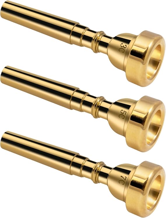 3-Pack Gold Brass Trumpet Mouthpiece Set 3C 5C 7C Beginners | gold brass trumpet mouthpieces, sizes 3C 5C 7C, fits beginners and professional players