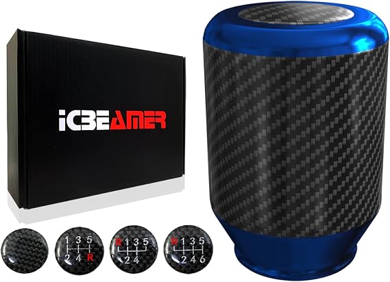 ICBEAMER Blue Aluminum w/ 100% Real Carbon Fiber 2.5" Shift Knob for Buttonless Automatic and 4, 5 and 6 Speed Manual Transmission Vehicles, Carbon Fiber Grip, Black Top and Bottom