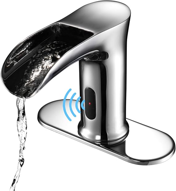 Automatic Sensor Touchless Waterfall Bathroom Sink Faucet, Modern Electronic Sensor Lavatory Faucet, Chrome Hands Free Vanity Faucets with Control Box and Temperature Mixer