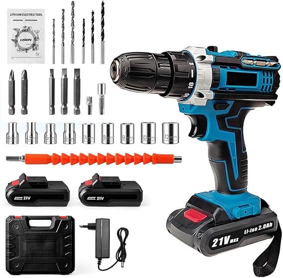 21V Cordless Drill Set Electric Combi Drills Driver Screwdriver 32N·m, Cordless Electric Screwdriver Set with 2*Battery,25+3 Torque Set, 2-Speed, LED Work Light, for Home and Garden DIY Project (A)