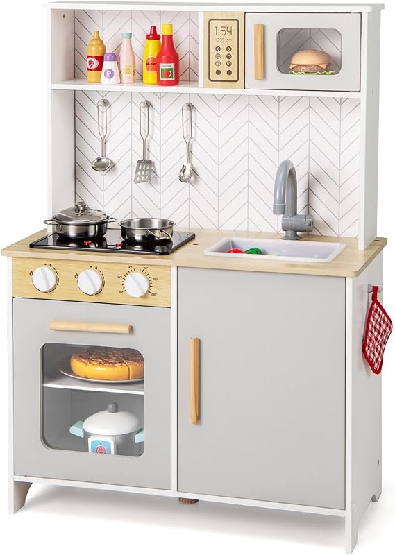Costzon Kids Kitchen Playset, Wooden Pretend Play Kitchen with Lights and Sounds, Stoves, Sink, Faucet, Microwave, Oven & Cooking Accessories, Toy Kitchen Set for Toddlers, Gift for Boys Girls Ages 3+