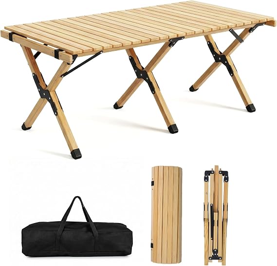 COSTWAY Folding Picnic Table, Portable 4ft Roll Up Camping Table | with Storage Bag, for 4-6 People, Low Height Foldable Pine Wood Bench Table, for Indoor & Outdoor Party, BBQ & Hiking