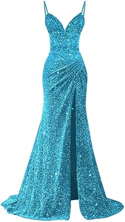 Mermaid Sequin Prom Dresses for Women 2025 Long Spaghetti Strap Ruched Slit Formal Dress Evening Party Gowns