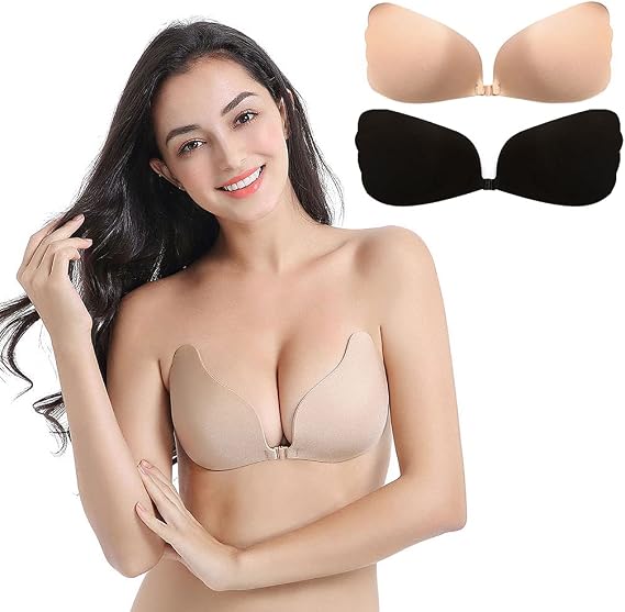 2Pack Adhesive Bra,Sticky Bra Strapless Backless Push-up Bras with Invisible, Includes Nipple Covers...