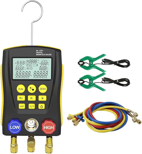 Digital HVAC Manifold Gauge Set R134a R410a R32 R1234 | Thermometer Clamps & Tricolor Hose, Dual Temp & Pressure Sensors, for Vacuum & Leak Test, AC Refrigerant Recharge Kit