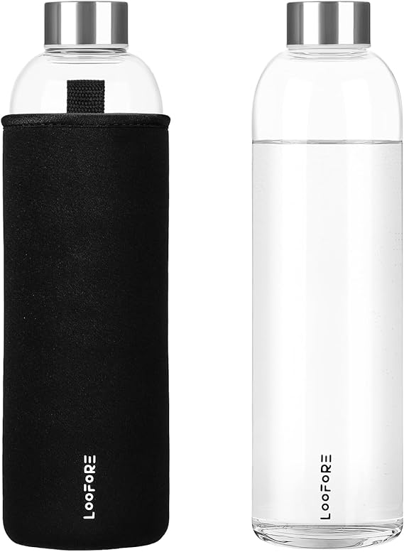 Glass Water Bottle 750ml with Neoprene Sleeve, Black | Reusable, Bpa Free, Eco Friendly, Leakproof, Borosilicate Glass Drinking Bottle for Fitness, Sports & Workout, Daily, 1 Pack
