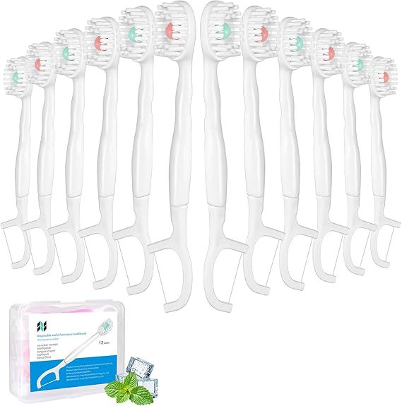 5 in 1 Disposable Mini Toothbrushes with Toothpaste Tongue Scraper Floss Pick Prepasted Travel Toothbrush 12 Pack (Mixed Flavors)