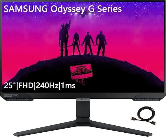 Samsung 25" Odyssey G4 Series FHD Gaming Monitor, 240Hz, 1ms, G-Sync Compatible, AMD FreeSync Premium, Ultrawide Game View, HDR10, DisplayPort, HDMI, Fully Adjustable Stand, Black, with HDMI Cable