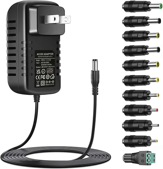 24V Power Supply 2A 1A AC Adapter with 11 Interchangeable DC Plugs AC120V to DC24Volts 2Amps 1.5A 1A 0.5A 400mA 200mA 100mA Power Adapter wall Charger dc24v Converter Inverter Transformer 6FT