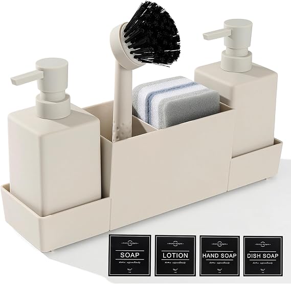 Soap and Detergent Dispenser Set with Sponge Holder Brush Soap Dispenser AJEUNGAIN Spülmittelspender Küche 4 in1 Seifenspender Küche Set Beige Küchengadget Spülbecken Organizer mit Seifenspender
