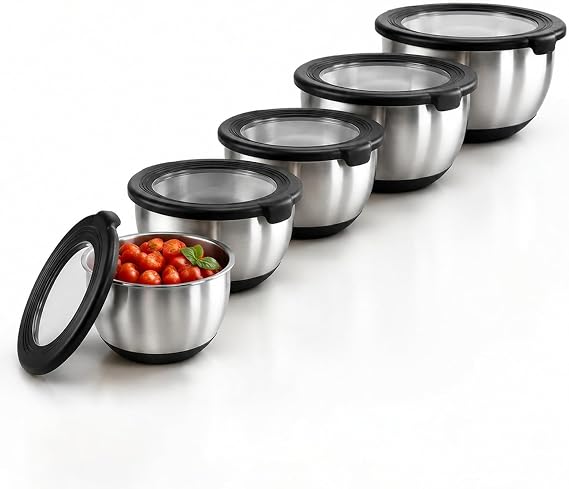 KITEISCAT Stainless Steel Mixing Bowls with Lids Set of 5 Large Nesting Metal Bowls for Kitchen, Baking, Cooking, Food Prep & Storage, Non-Slip Base, Dishwasher Safe,Black