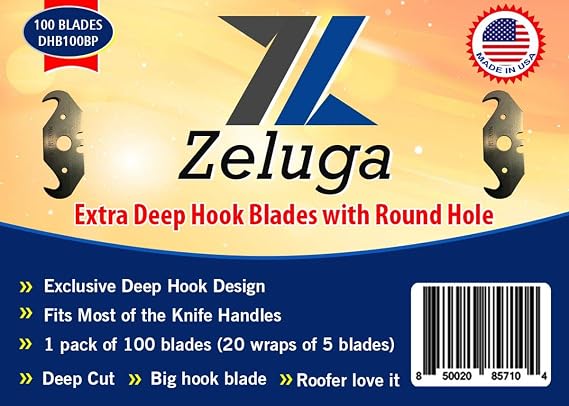 Zeluga 19-328 100 pieces Utility Deep Hook Blades with Round Hole Carbon Steel Hook Razor Blades Knife Blades for Roofing and Carpet