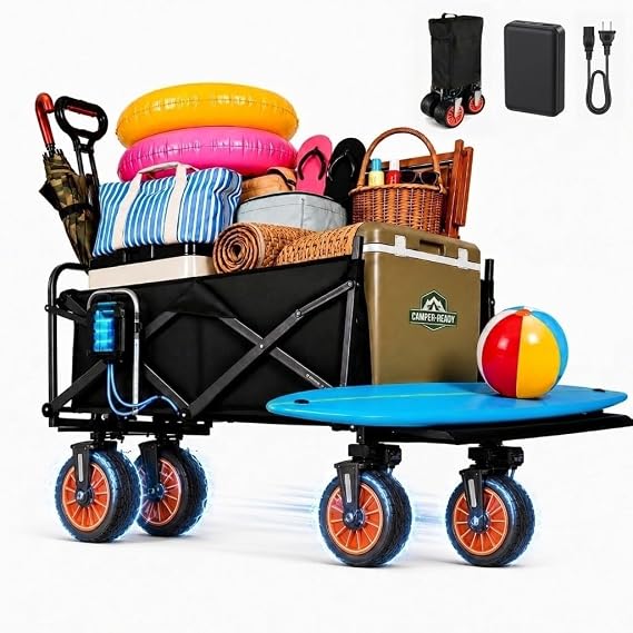 Electric Wagon Cart Foldable Heavy Duty with All Terrain Wheels, Power Assist Utility Wagon 340 lb Capacity Removable Battery for Beach Camping Garden, Black