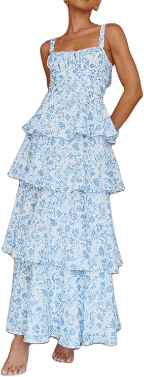 Argeousgor Womens Floral Print Maxi Dresses Tiered Ruffles Long Dress Spaghetti Strap Sleeveless Flowy Layered Sundress