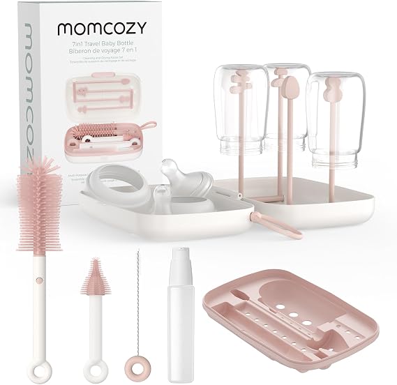 Momcozy 7-in-1 Baby Bottle Brush Set with Drying Rack, Pink