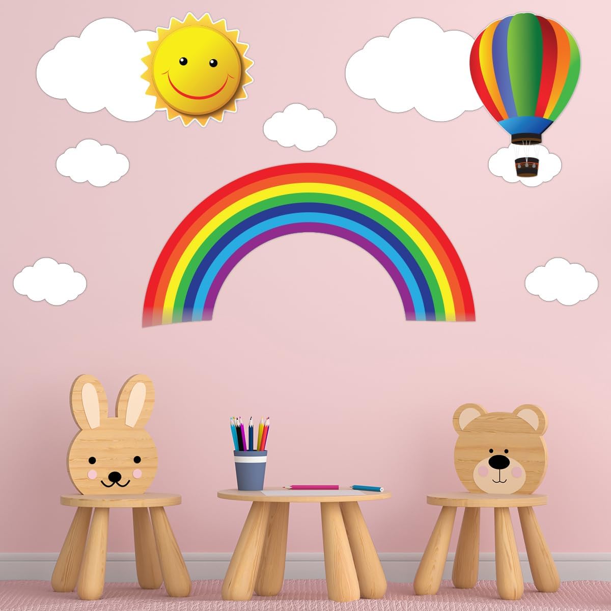Rengarenk Gökkuşağı, Uçan Balon, Güneş ve Bulutlar Duvar Sticker Seti - Bebek ve Çocuk Odası Dekoratif Duvar Çıkartması