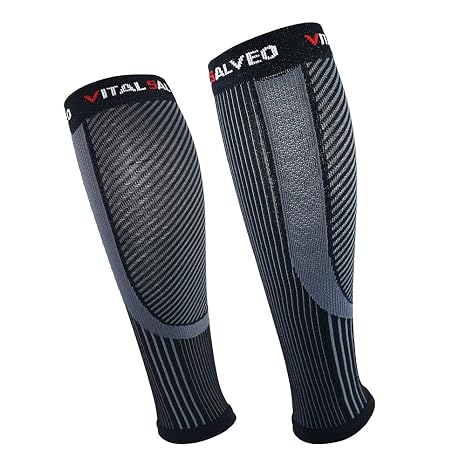Vital Salveo Recovery Calf Compression Sleeves. Fit for Cycling Running Travel Pregnancy Nurses Calf Pain Relief-(1Pair)-Black with Srtipe-S