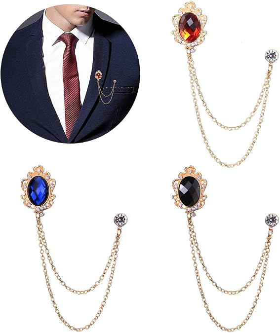 3 Packs Men's Gem Brooch Lapel Pin Badge Hanging Chains Collar Brooches Pin for Career Suit Tuxedo of Shirts Tie Hat Scarf for Boyfriend Father Birthday Holiday Gift Black/Red/Blue