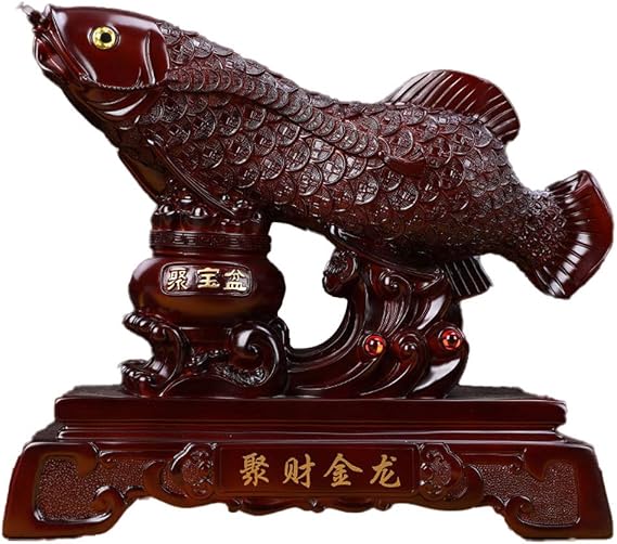 Figurines,Feng Shui Statues/Ornaments,Arowana Fish Figurine Wtih Treasure Basin Resin Sculpture Ornament Wealth Home Office Decoration, Opening Gifts,B
