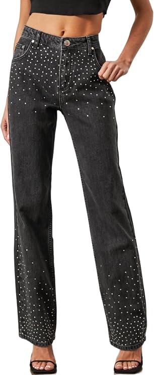 Kedera Womens High Waisted Rhinestone Jeans Straight Wide Leg Bling Denim Pants