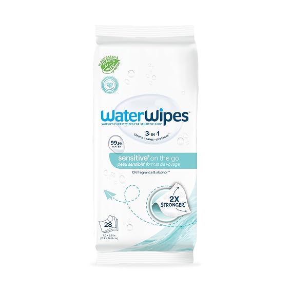 WaterWipes Sensitive+ On The Go Wipes, 3-In-1 Cleans, Cares, Protects, 99.9% Water, Unscented & Hypoallergenic Wet Wipes, 28 Count (Pack of 1)