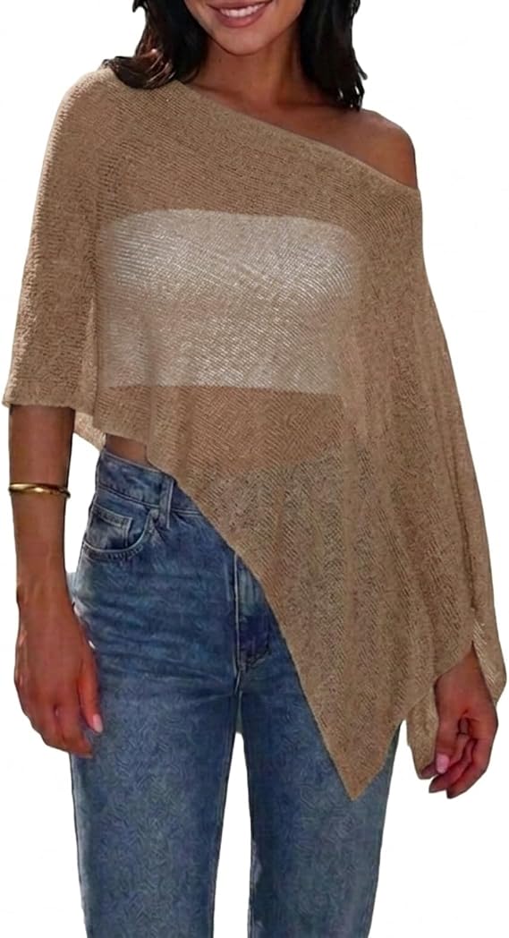 Women Sheer Poncho Top Lightweight Knit Mesh Crochet Beach Cover Up Shrug Summer See Through Shawl