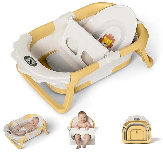MoreFeel Foldable Baby Bathtub with Thermometer - 4-in-1 Grow-with-Me Collapsible Infant Tub (Newborn to Toddler) with Adjustable Mesh Sling - Space Saving Design