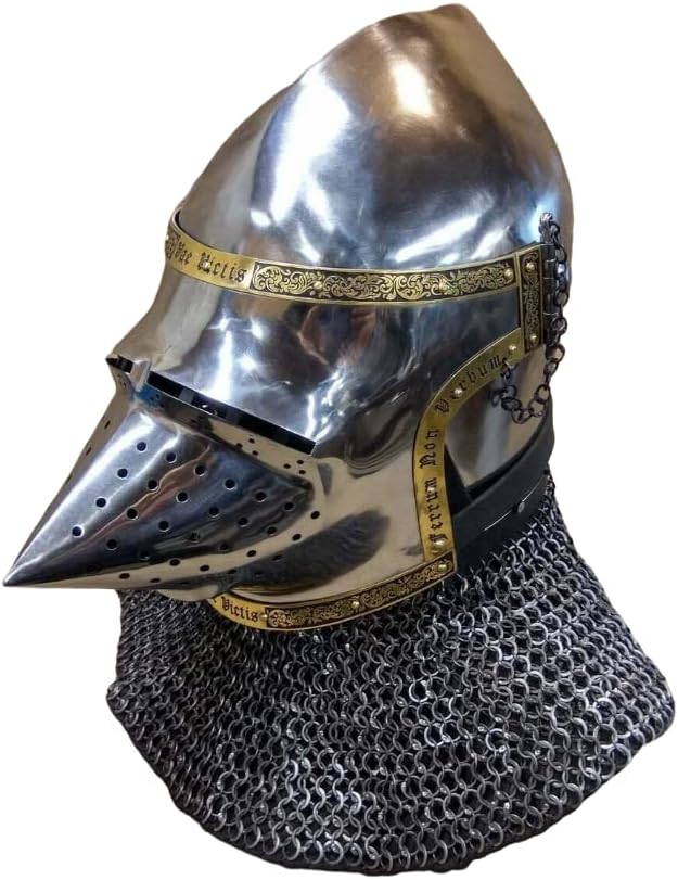 Medieval Bascinet Hounskull Helmet with Engraved Visor Collectible Gift for Father Silver
