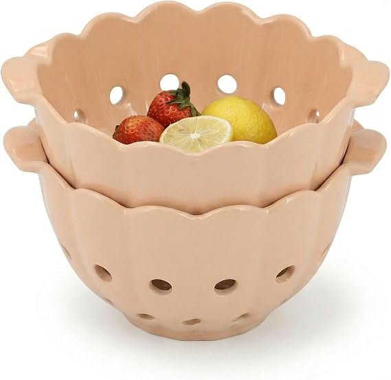 Scallop Ceramic Fruit Bowl with Handles, Soft Pink | Small Stoneware Colander with Handles,Round Colorful Berry Basket,Fruit Container for Strawberry & Food Strainer