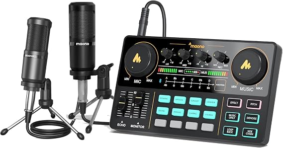 MAONO Podcast Equipment Bundle for 2 Audio mixer All-in-One Podcast Production Studio with 3.5mm Microphone for Live Streaming, Podcast Recording, PC, Smartphone, DJ MaonoCaster Lite