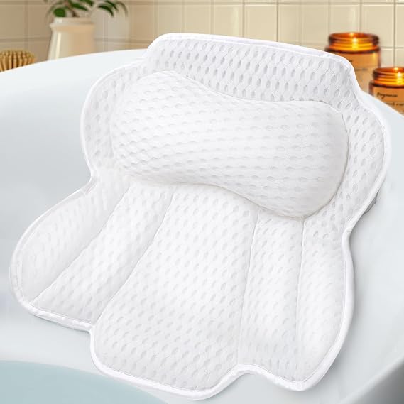 Bath Pillow for Tub, Neck & Back Support, 4D Air Mesh, 6 Suction Cups