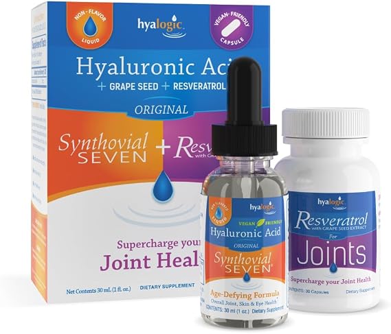 Hyalogic Synthovial Seven Hyaluronic Acid Liquid & Resveratrol Capsules - HA Joint Support - Vegan - 1 oz
