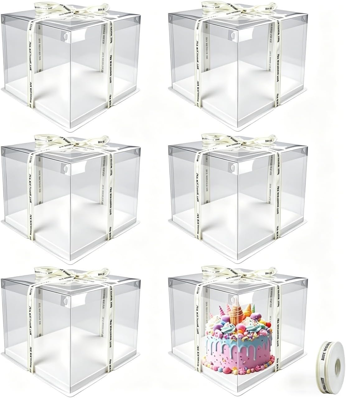 6 PCS Clear Cake Box with Ribbon,26x26x24.5CM Transparent Carrier Plastic Gift Boxes with Lids 8 Inch, 2-Layer Tall Cake Box PET Clear Gift Boxes for Birthday,Wedding,Cake Baking and Dessert