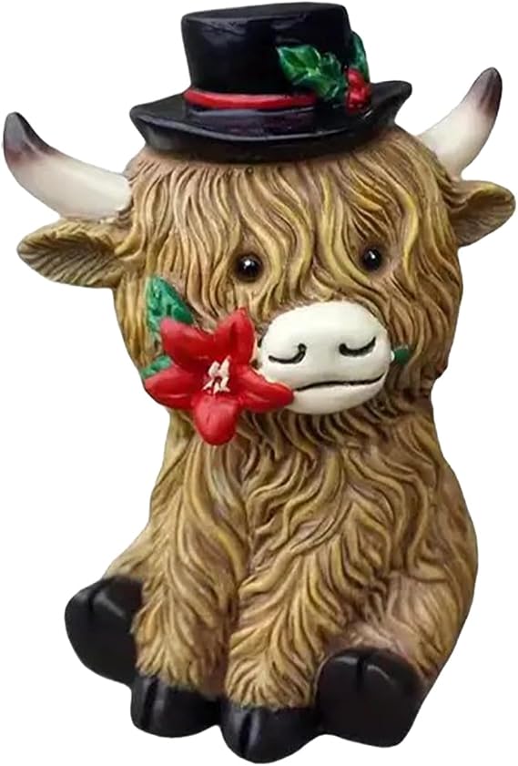 Highland Cow Decor, Cow Christmas Decorations, Creative Resin Cow Statue, Highland Cow Figurine for Christmas Home Farmhouse Table Mantle Ornaments (A)