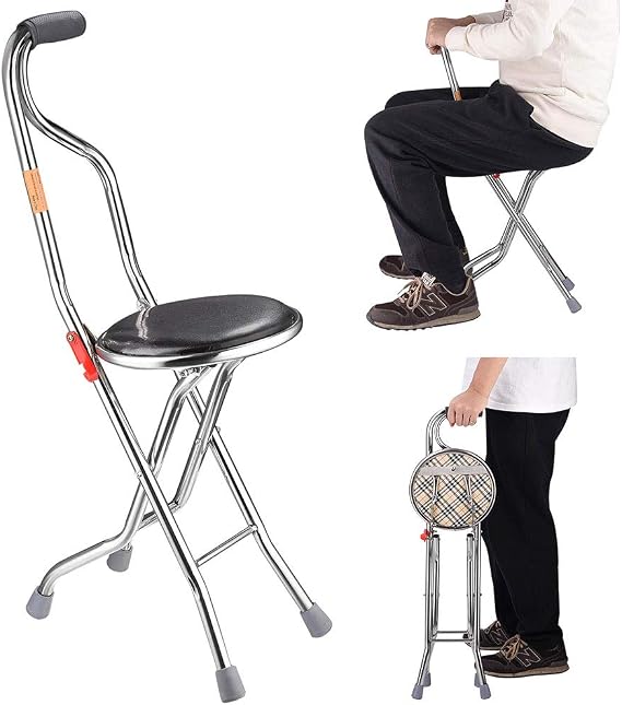 Folding Walking Stick with 9" Padded Seat Portable Stainless Steel Quadripod Support Cane Chair Stool with Anti-Slide Feet for Elderly Limited Mobility Physical Rehabilitation(Quadripod Cane Stool)