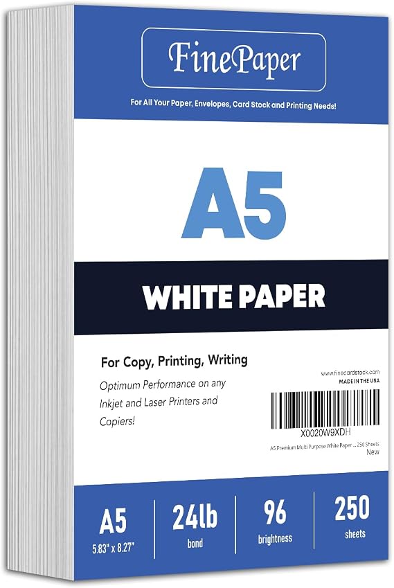 A5 Premium Multi Purpose White Paper - 24 lb (90 GSM) | For Copy, Printing, Writing | 5.83" x 8.27" inches (148 x 210 mm - Half of A4) | Full ream of 250 Sheets