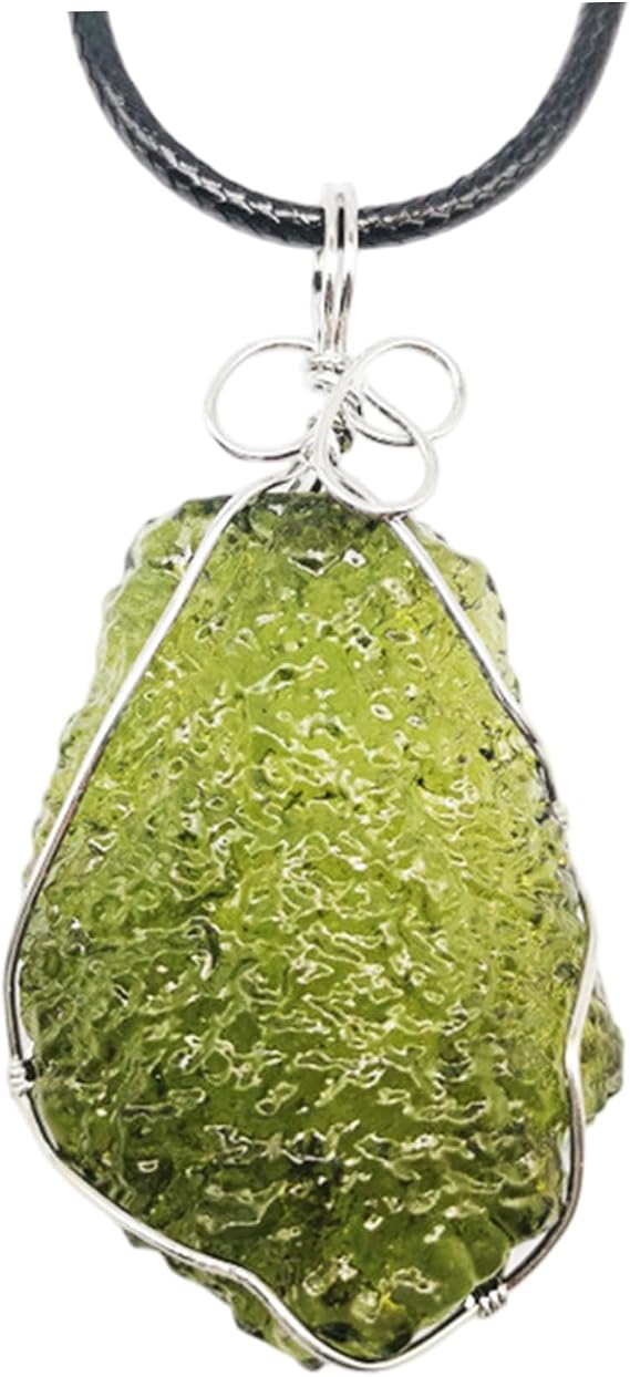 Moldavite Necklace, Green Irregular Crystal Meteorite Necklace with Metal Support and Leather Rope, Moldavite Pendant for Birthday Meteorite