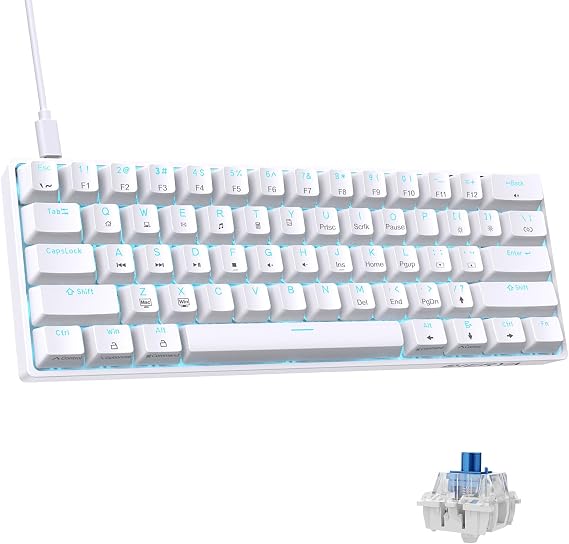 DIERYA Gaming Keyboard with Blue Switch, Mini Mechanical Keyboard, 60% Layout, 61 Keys, English Layout, Wired Keyboard, Detachable USB C Power Cable, for Windows Laptops and PC Gamers White