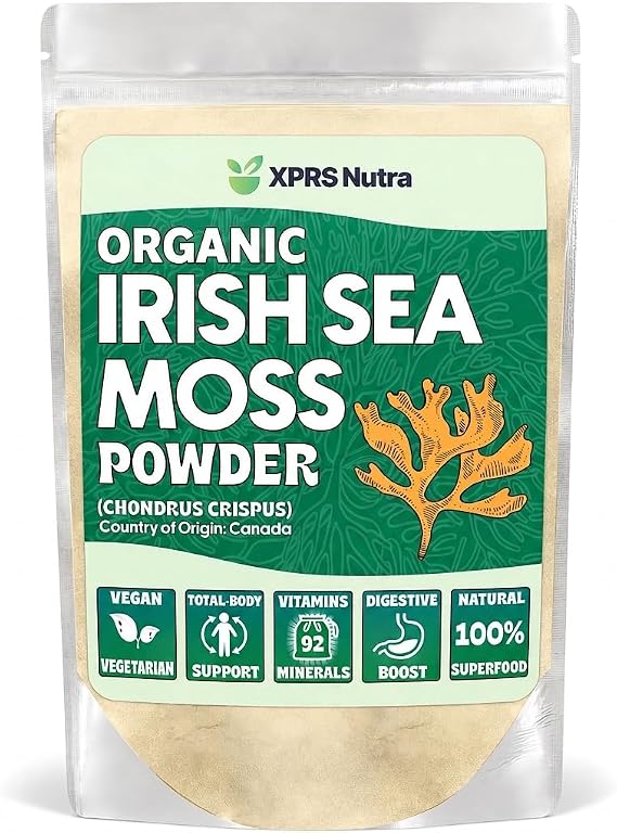 XPRS Nutra Organic Irish Sea Moss Powder (Chondracanthus Chamissoi) - Premium Organic Seamoss Powder for Glowing Skin - Total Body Health Sea Moss Drink Powder - Vegan Friendly Irish Moss (8 oz)