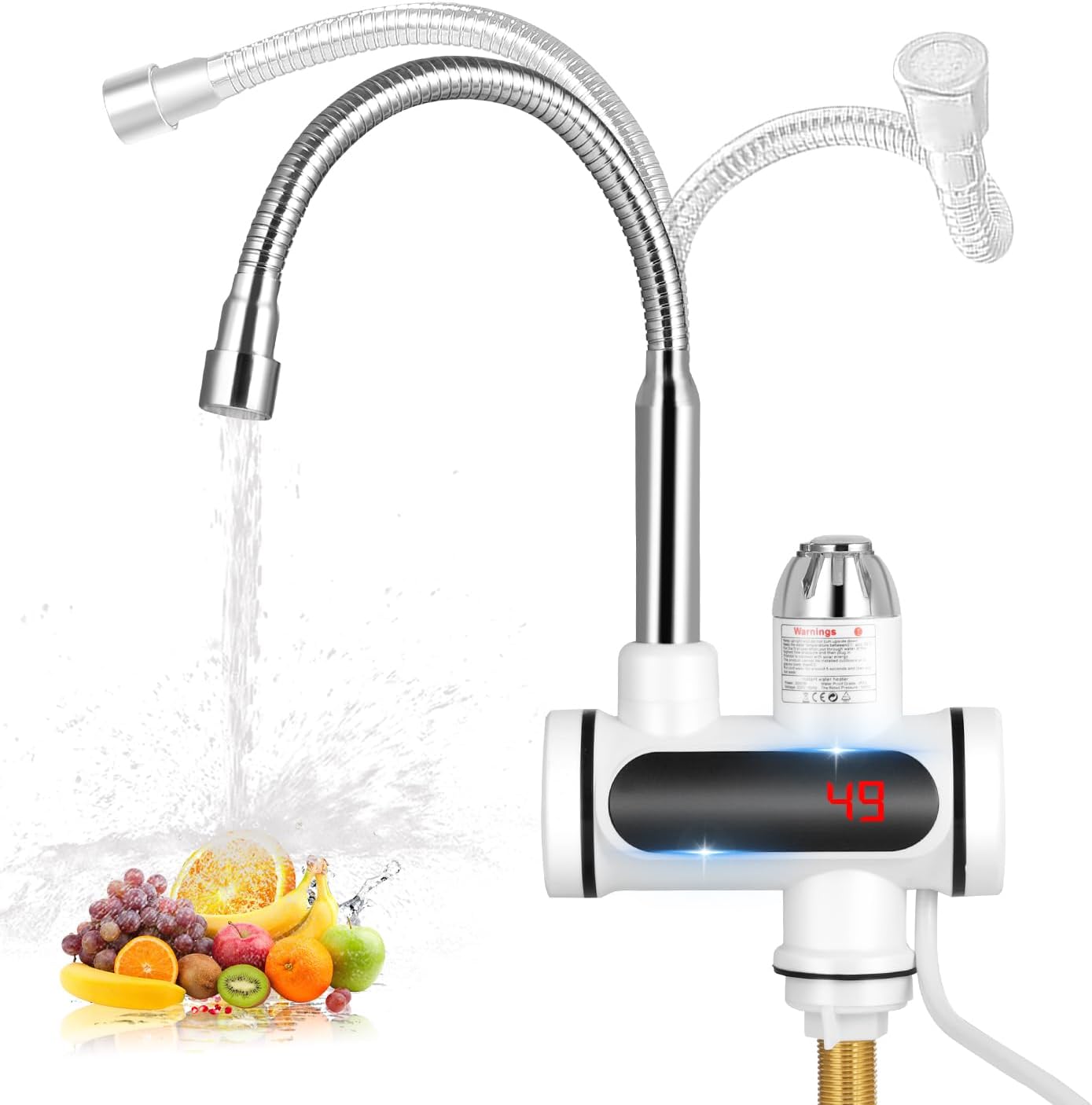 Instant Hot Water Tap, 220V 3000W Electric Water Heater Tap with LED Digital Display, 3-Sec Fast Hot Water Tap, 360° Rotatable Spring Faucet, Stainless Instant Heater Tap for Kitchen Bathroom Washroom