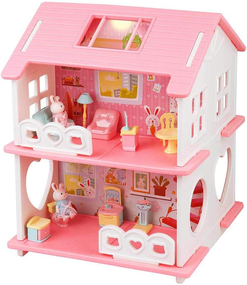 Wemfg DIY Dollhouse Kit Pink House Playset for Girls Kids Toddlers, Bunny Dollhouse Set with Furniture Accessories, Small Doll House Kit, Home Gift Set Birthday Easy-to-Assemble Design
