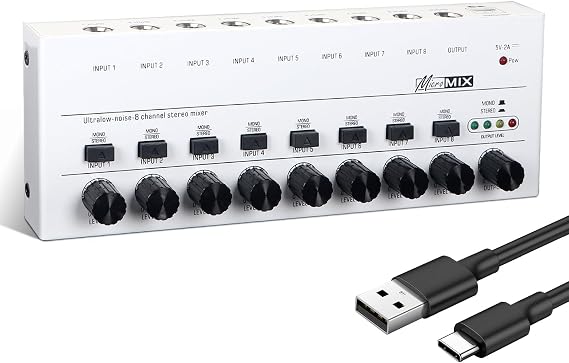 Horse Audio Mixer Line Mixer, 8-Channel Stereo Line Mixer for Sub-Mixing, Ultra Low Noise Operation, for Guitar, Microphone, Bass, Digital Keyboard, Suitable for Bar and Small Club, White