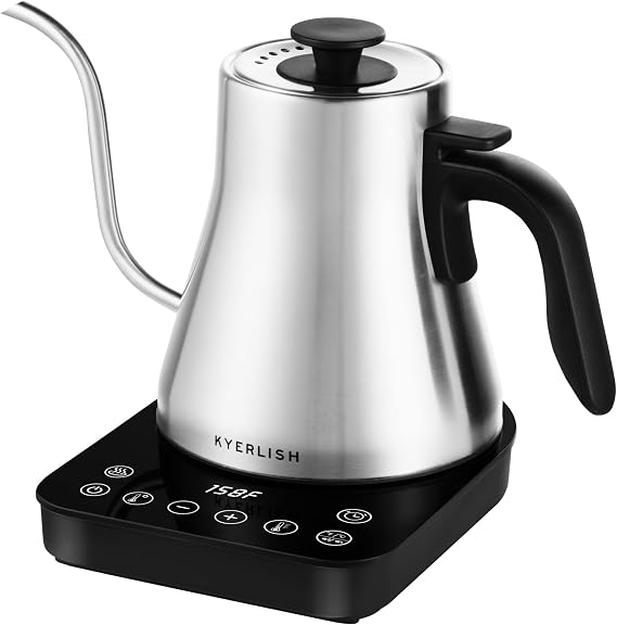 KYERLISH Electric Gooseneck Kettle 1.0L Temperature Control, Pour Over Kettle with 6 Variable Presets & Built-in Timer, 100% Stainless Steel Gooseneck Coffee Kettle & Tea Kettle, 1200W Quick Heating