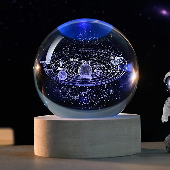 3D Solar System Crystal Ball Gifts Space Planets Sphere Decor Universe Present for Astronomy Lovers Glass Decorative Ball with Light Base