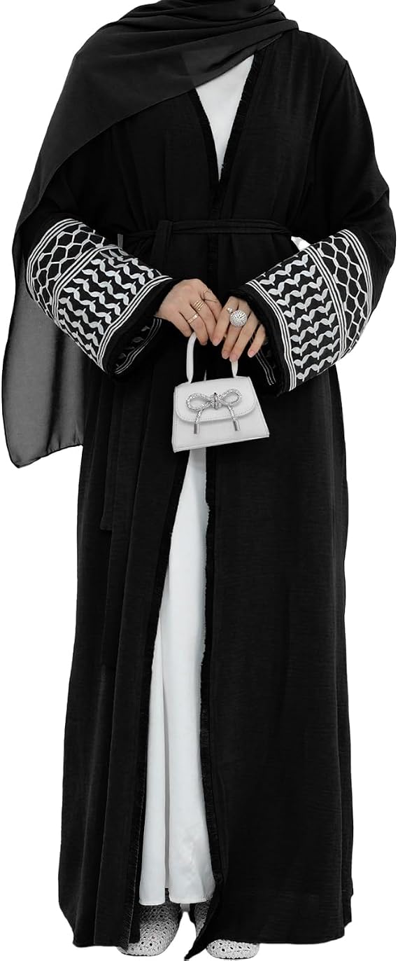 Muslim Abayas for Women Long Sleeve Embroidered Open Front Cardigan Turkey Dubai Maxi Kaftan Dress Ramadan Kimono with Belt