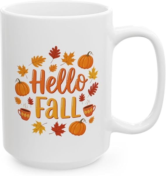 Hello Fall Coffee Mug Autumn Pumpkin Leaves White Ceramic Cup 15oz