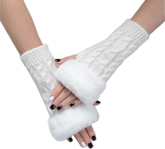 Women Knit Fingerless Gloves, Arm Warmers with Faux Fur, Winter Fingerless Wrist Warmer Mittens