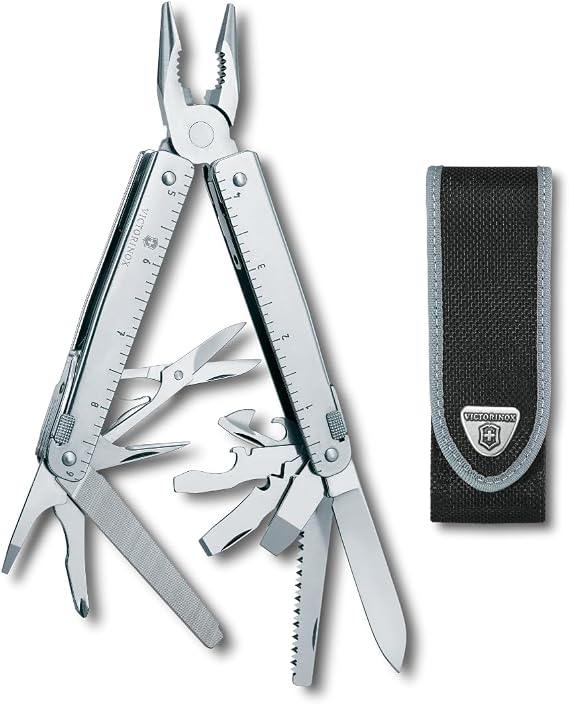 Victorinox Swiss Tool X 26 Function Swiss Army Knife and Nylon Pouch,Silver | multitool includes Wire stripper, metal saw, wood saw, bottle opener, steel construction, nylon pouch